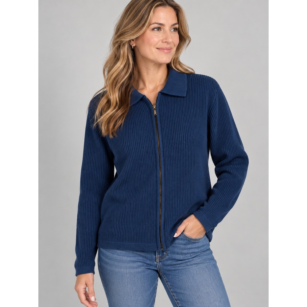 Vintage LL Bean Women's Navy Blue Ribbed Full Zip Cotton Cardigan Sweater Med